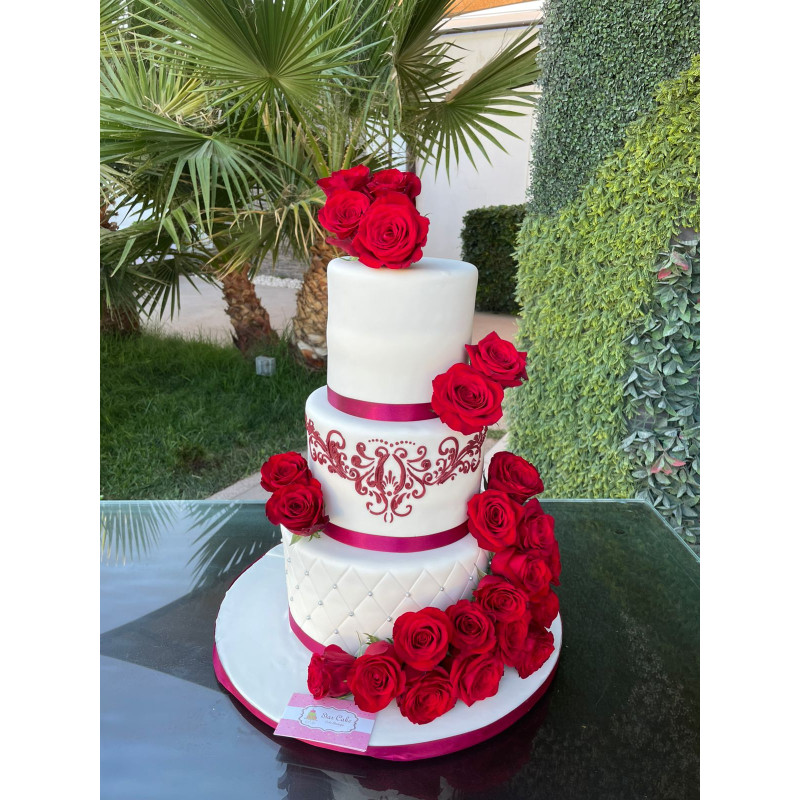 Pastel de Aniversario 4367 Flores Rojas